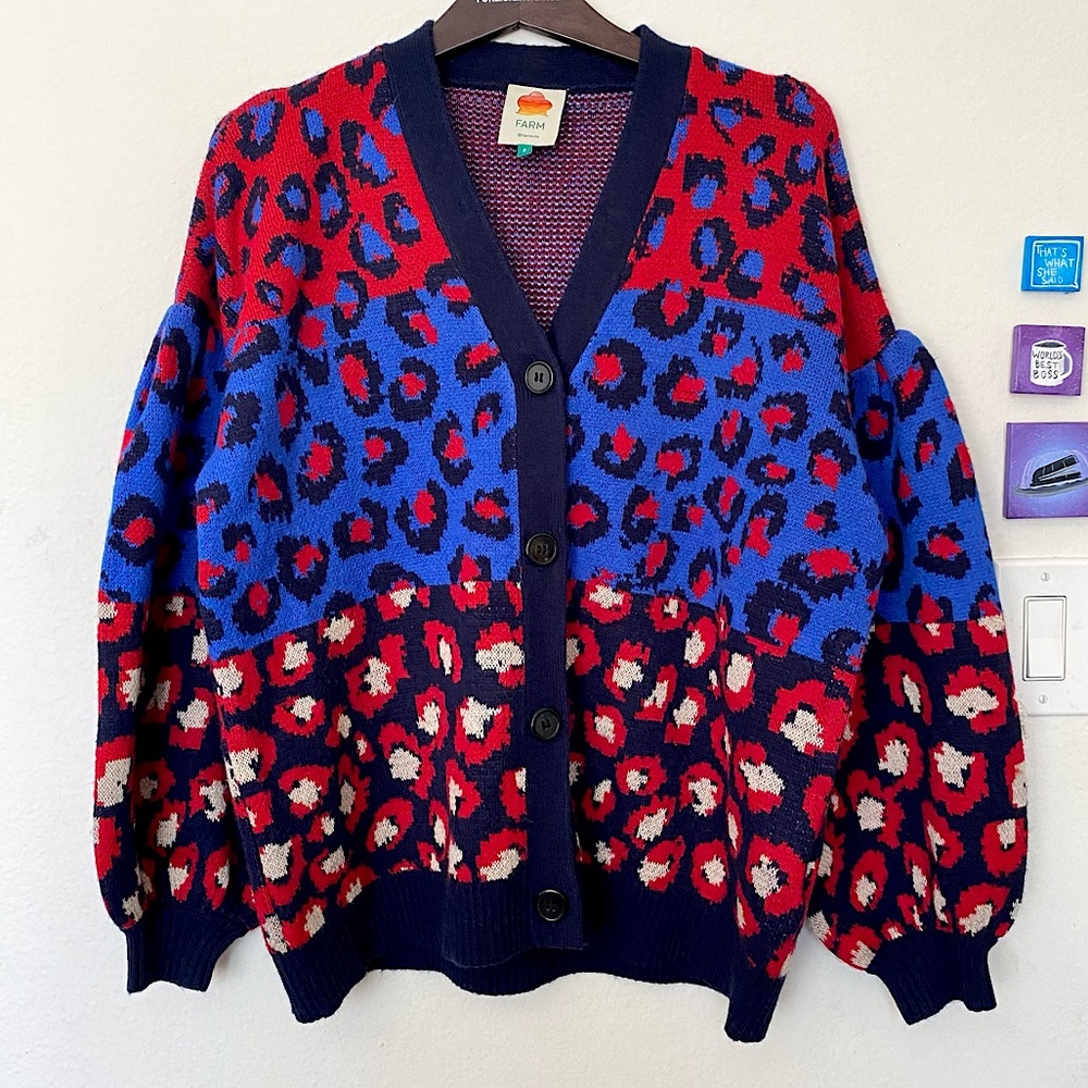 FARM RIO “Mixed Leopards” Spot Cardigan in Blue Multi